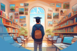 Eine Person ist von hinten zu sehen. Sie steht in einer Bibliothek